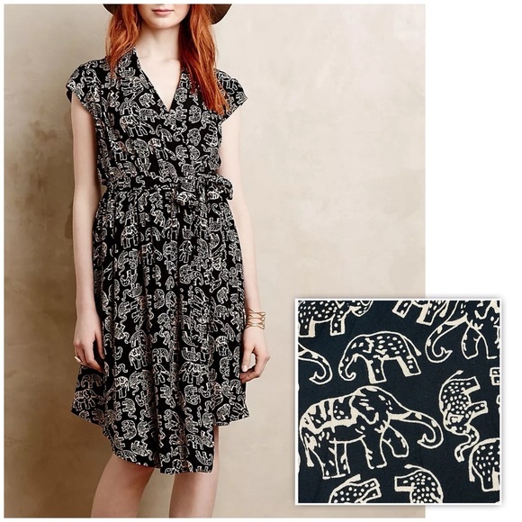Anthropologie Maeve Noronha Wrap Dress Elephant Safari Novelty Print Black Sz M - Picture 1 of 15